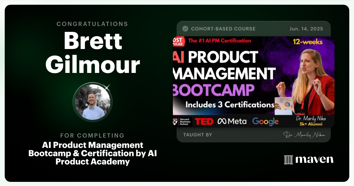 Certificate of Completion for AI Product Management Bootcamp & Certification by AI Product Academy