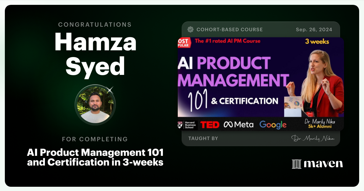 Certificate of Completion for AI Product Management 101 & Certification - Building AI Products end-to-end