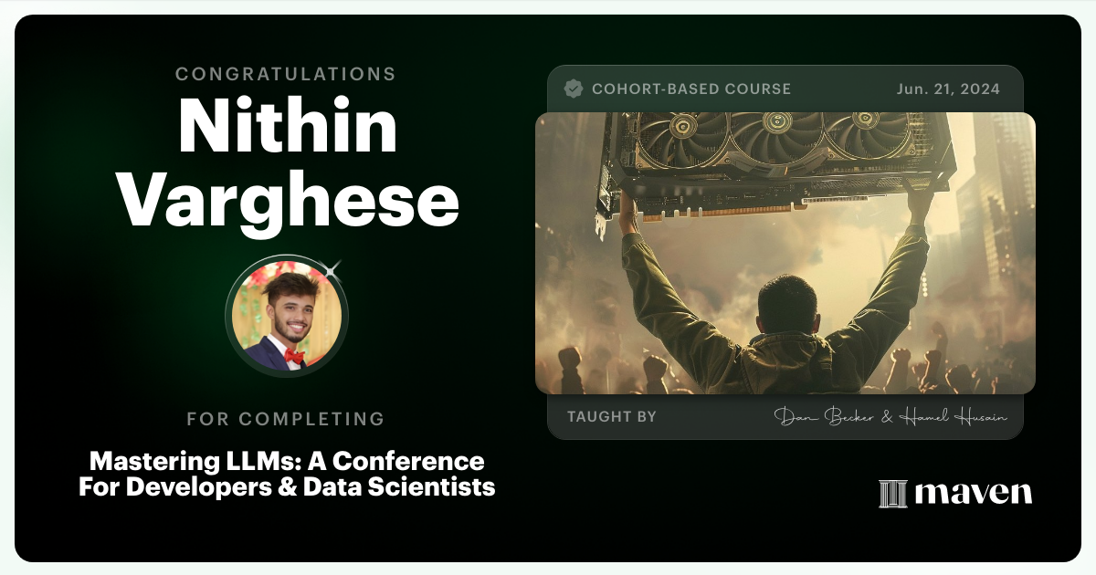 Certificate of Completion for Mastering LLMs For Developers & Data Scientists