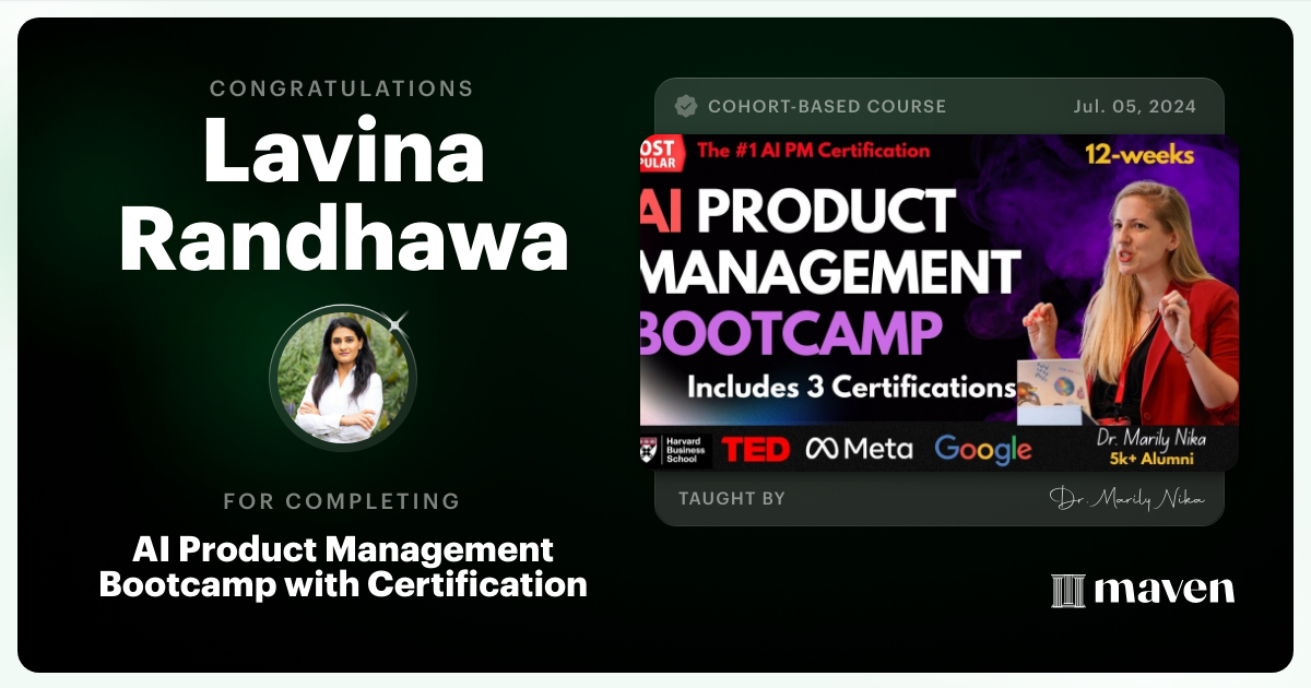 Certificate of Completion for AI Product Management Bootcamp & Certification by AI Product Academy