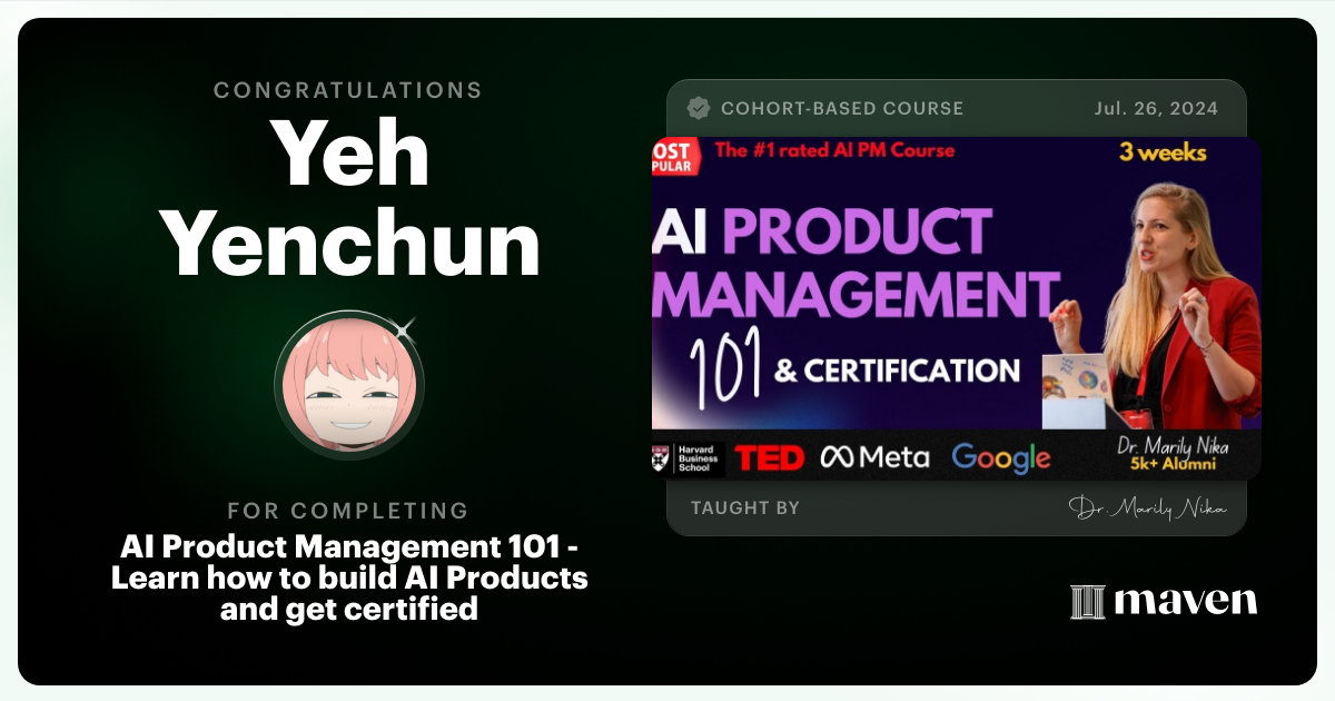Certificate of Completion for AI Product Management 101 & Certification - Building AI Products end-to-end