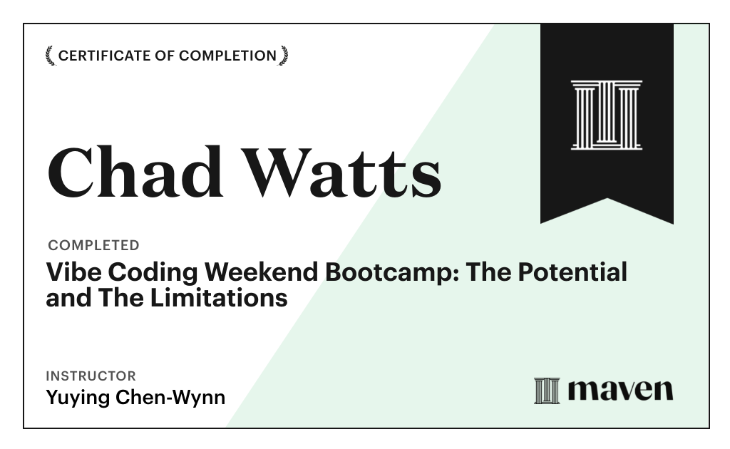 Certificate for Vibe Coding Weekend Bootcamp: The Potential and The Limitations