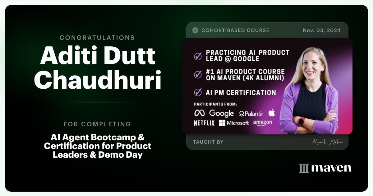 Certificate of Completion for AI Agent Bootcamp 101 for Product Leaders