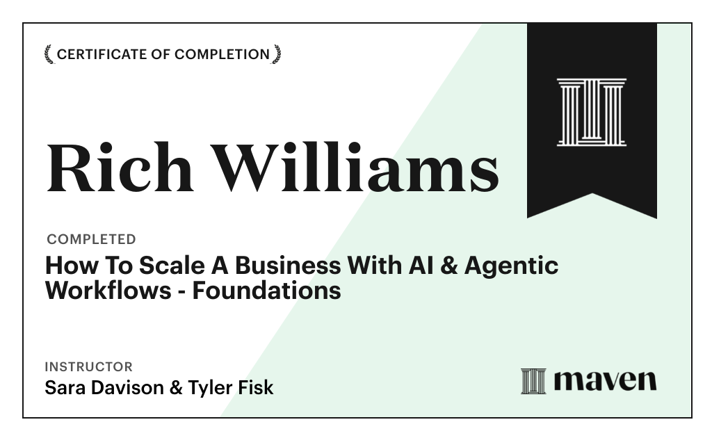 Certificate for How To Scale A Business With AI & Agentic Workflows - Foundations