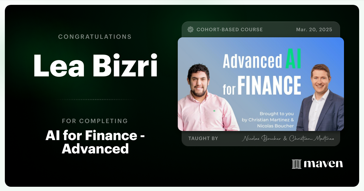 Certificate of Completion for AI for Finance - Advanced