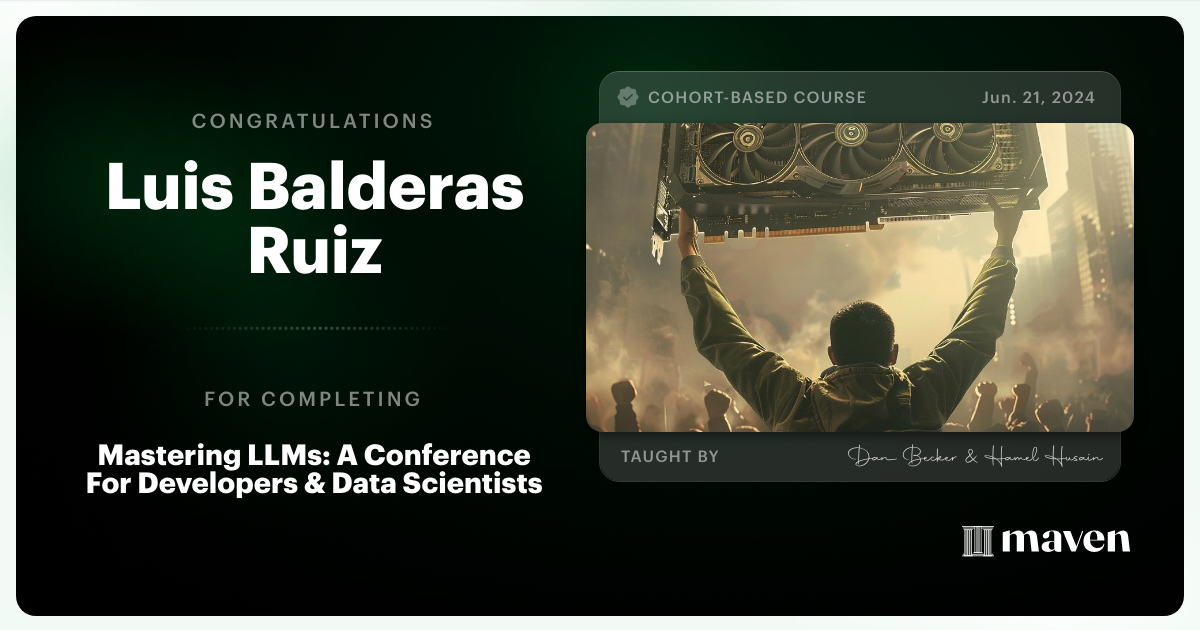 Certificate of Completion for Mastering LLMs For Developers & Data Scientists
