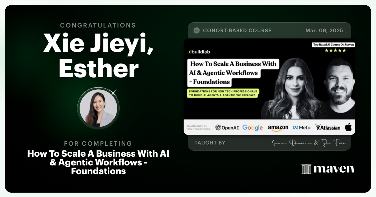 Certificate of Completion for How To Scale A Business With AI & Agentic Workflows - Foundations