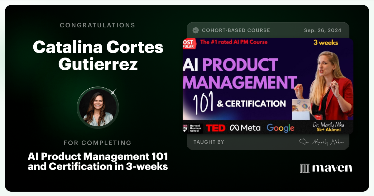 Certificate of Completion for AI Product Management 101 & Certification - Building AI Products end-to-end