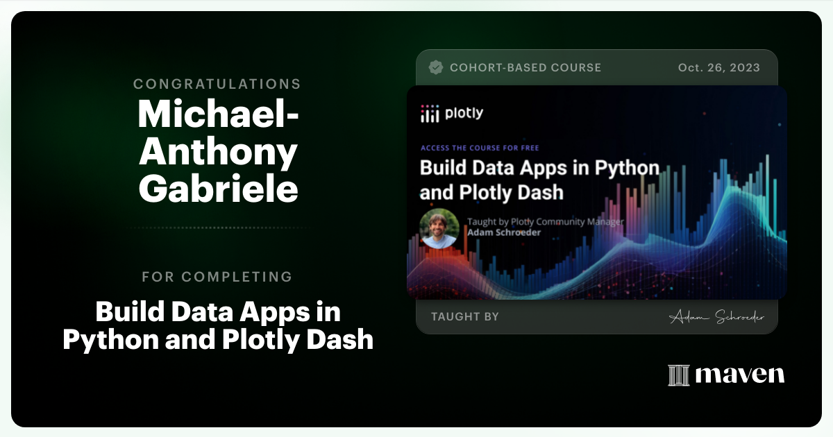 Certificate of Completion for Build Data Apps in Python and Plotly Dash