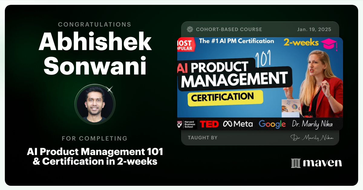Certificate of Completion for AI Product Management 101 & Certification - Building AI Products end-to-end