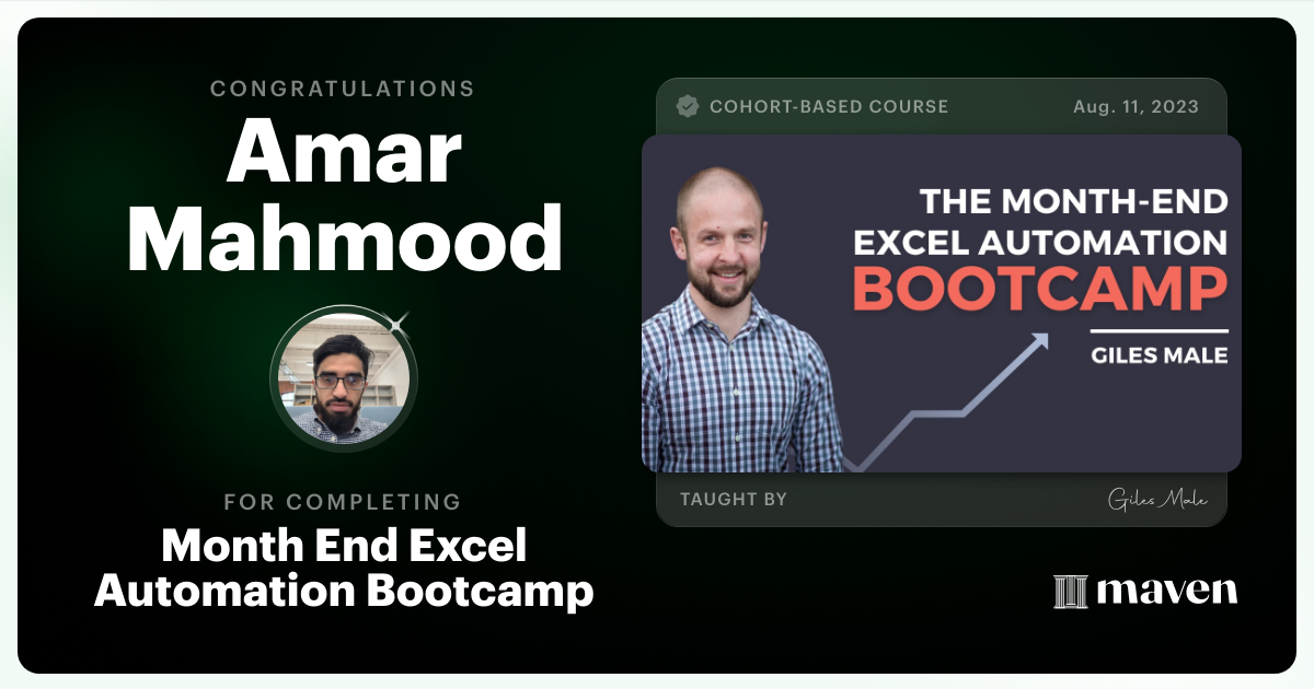 Certificate of Completion for Month End Excel Automation Bootcamp