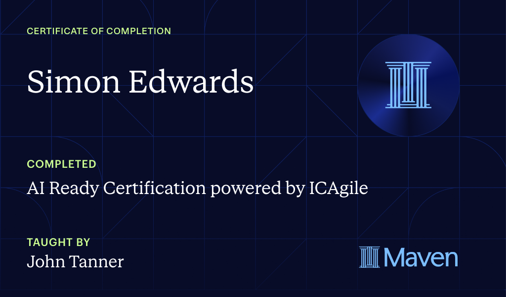 Certificate for AI Ready Certification powered by ICAgile