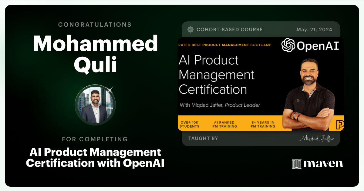 Certificate of Completion for AI Product Management Certification by Product Faculty