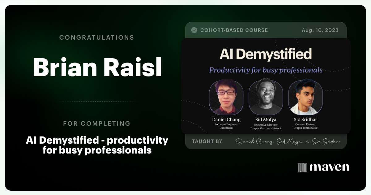 Certificate of Completion for AI Demystified - productivity for busy professionals