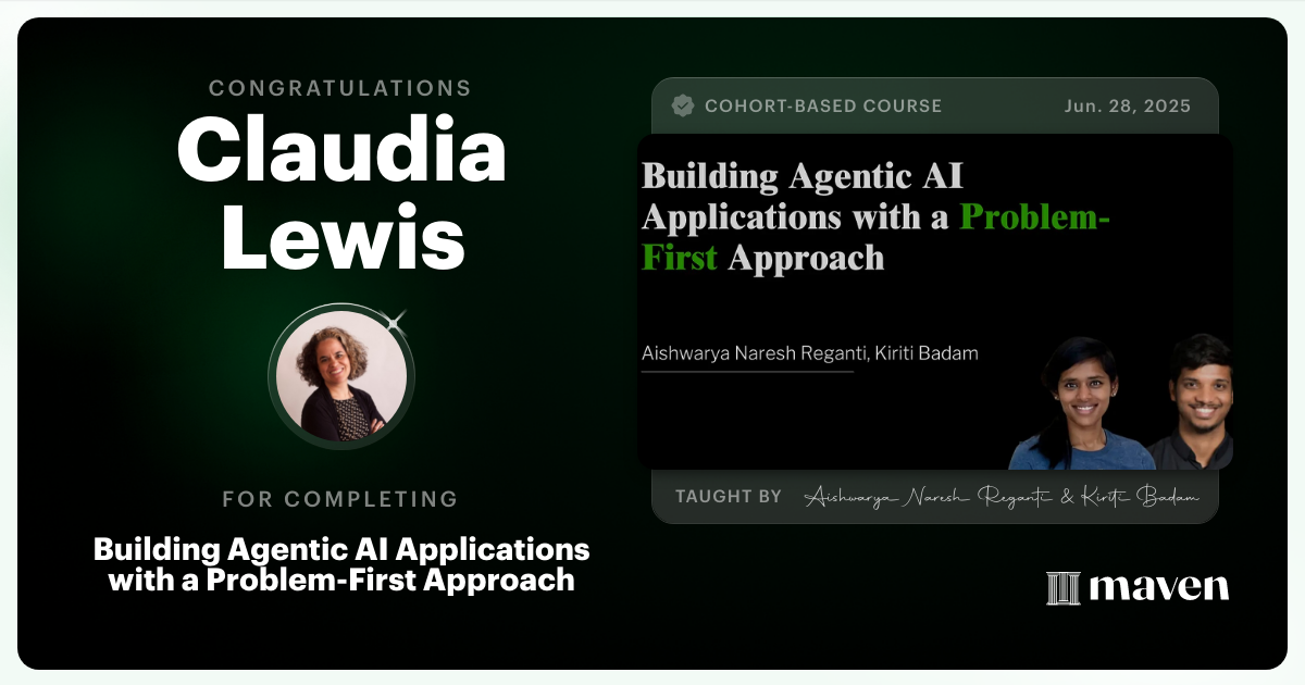 Certificate of Completion for Building Agentic AI Applications with a Problem-First Approach