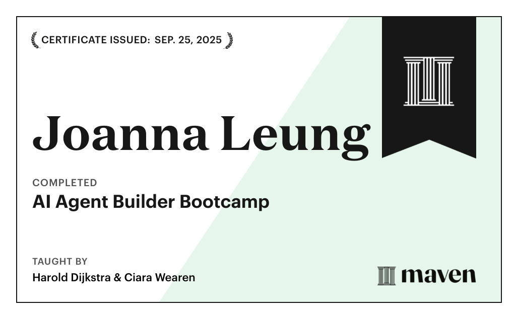 Certificate for AI Agent Builder Bootcamp