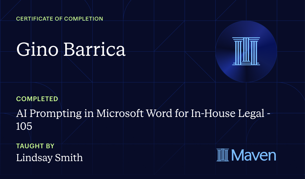 Certificate for AI Prompting in Microsoft Word for In-House Legal - 105