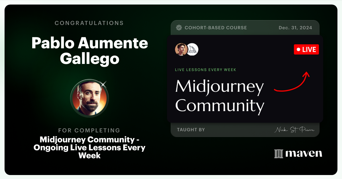 Certificate of Completion for Midjourney Community - Ongoing Live Lessons Every Week
