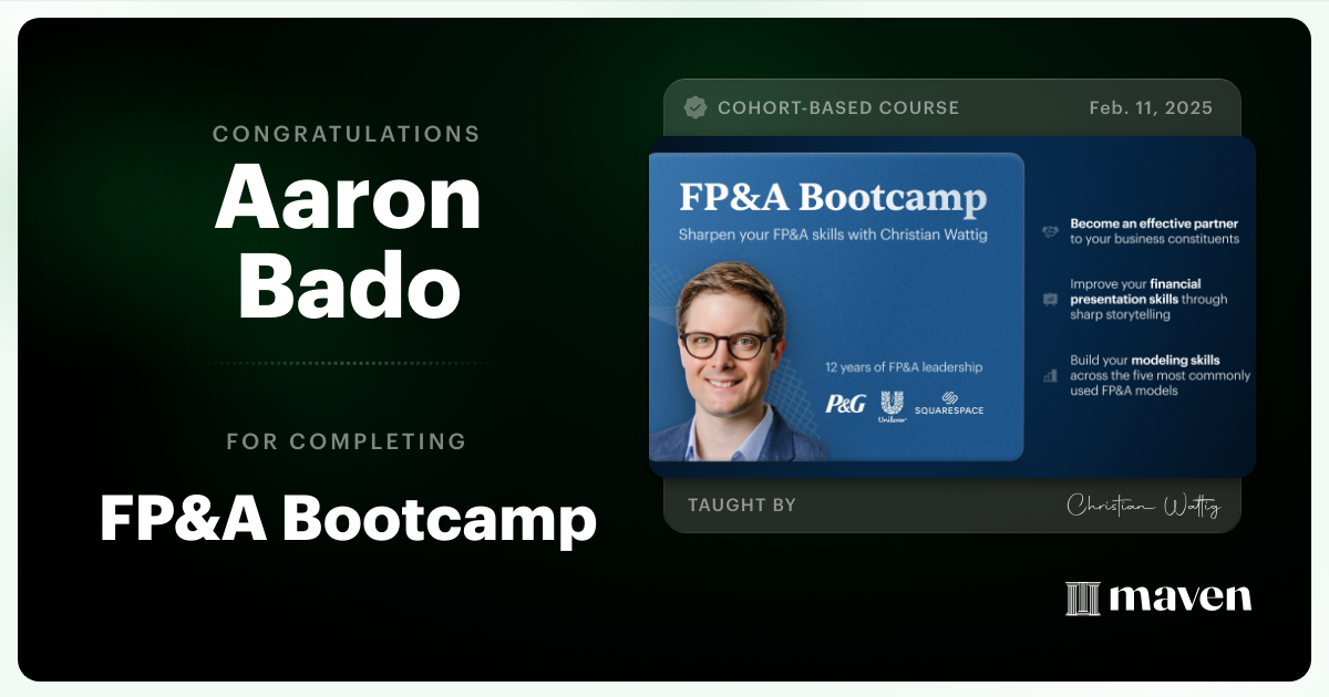 Certificate of Completion for FP&A Bootcamp