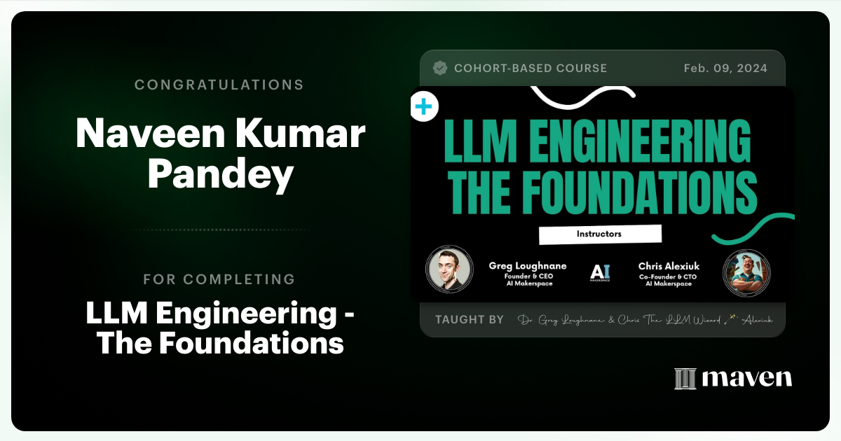 Certificate of Completion for LLM Engineering - Foundations to SLMs