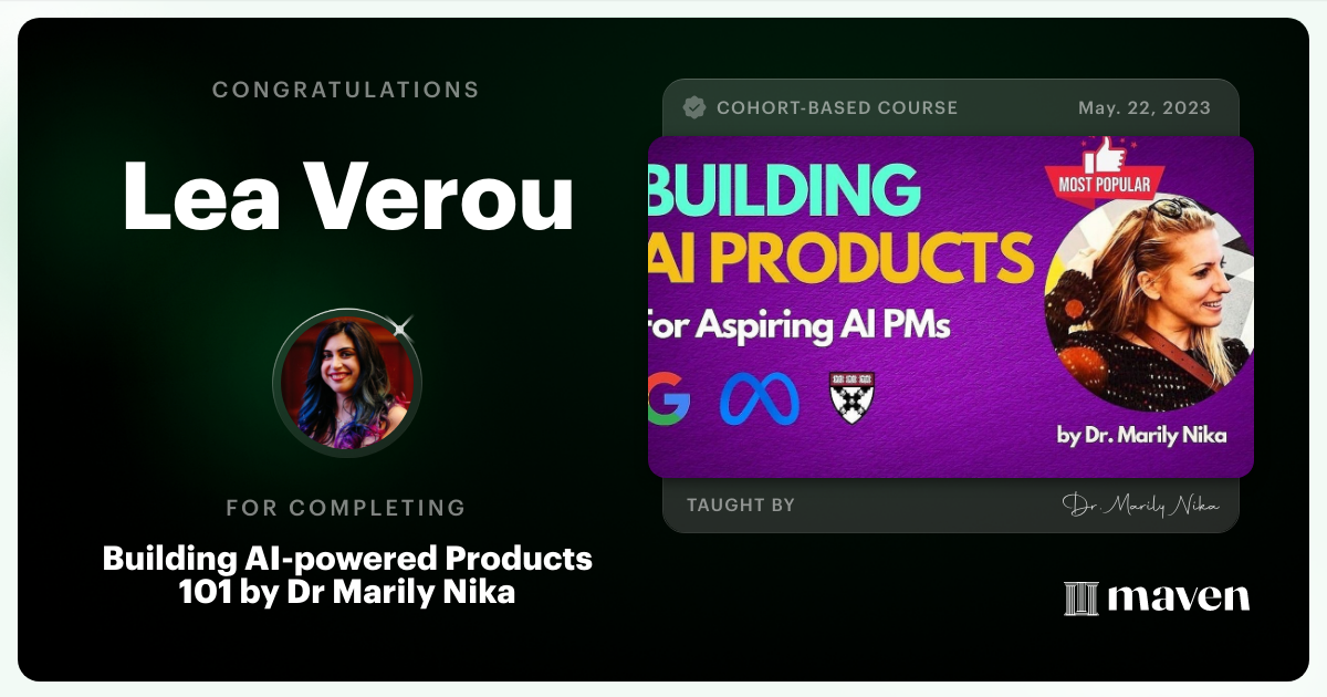 Certificate of Completion for AI Product Management 101 & Certification - Building AI Products end-to-end