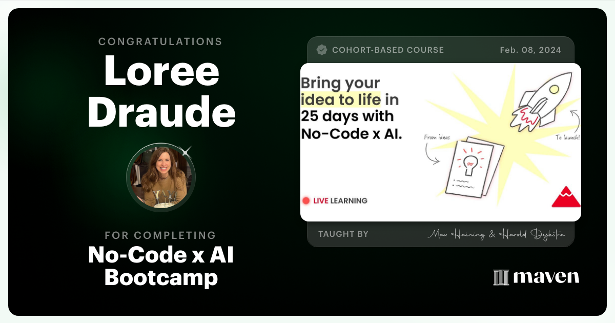 Certificate of Completion for No-Code x AI Bootcamp