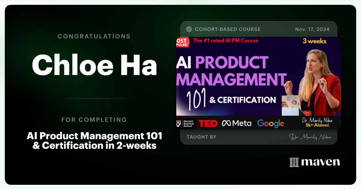 Certificate of Completion for AI Product Management 101 & Certification - Building AI Products end-to-end