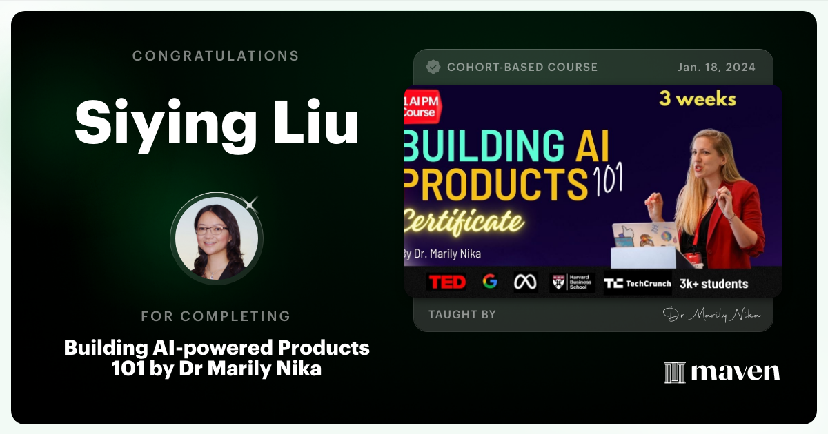 Certificate of Completion for AI Product Management 101 & Certification - Building AI Products end-to-end