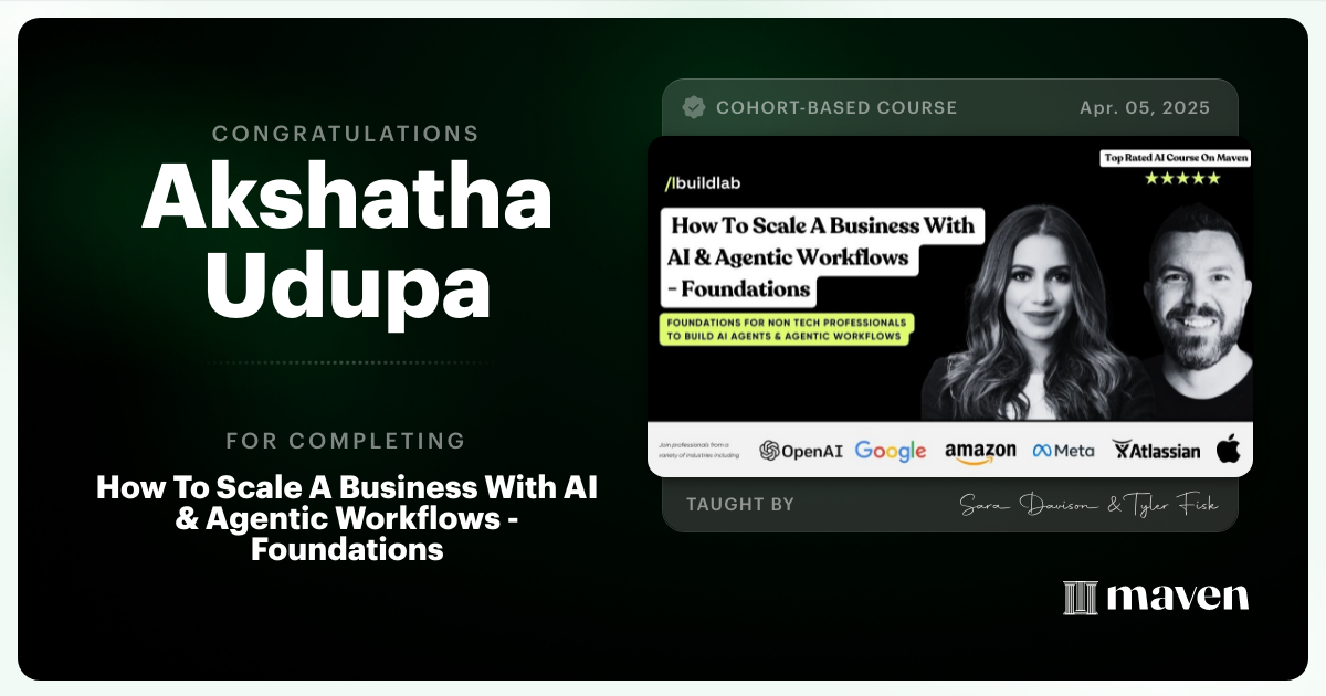 Certificate of Completion for How To Scale A Business With AI & Agentic Workflows - Foundations