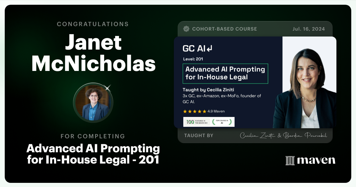 Certificate of Completion for Advanced AI Prompting for In-House Legal - 201