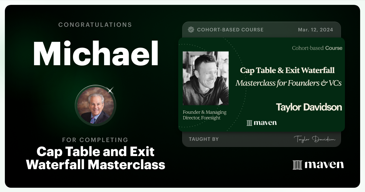 Certificate of Completion for Cap Table and Exit Waterfall Masterclass