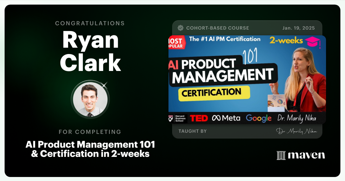 Certificate of Completion for AI Product Management 101 & Certification - Building AI Products end-to-end