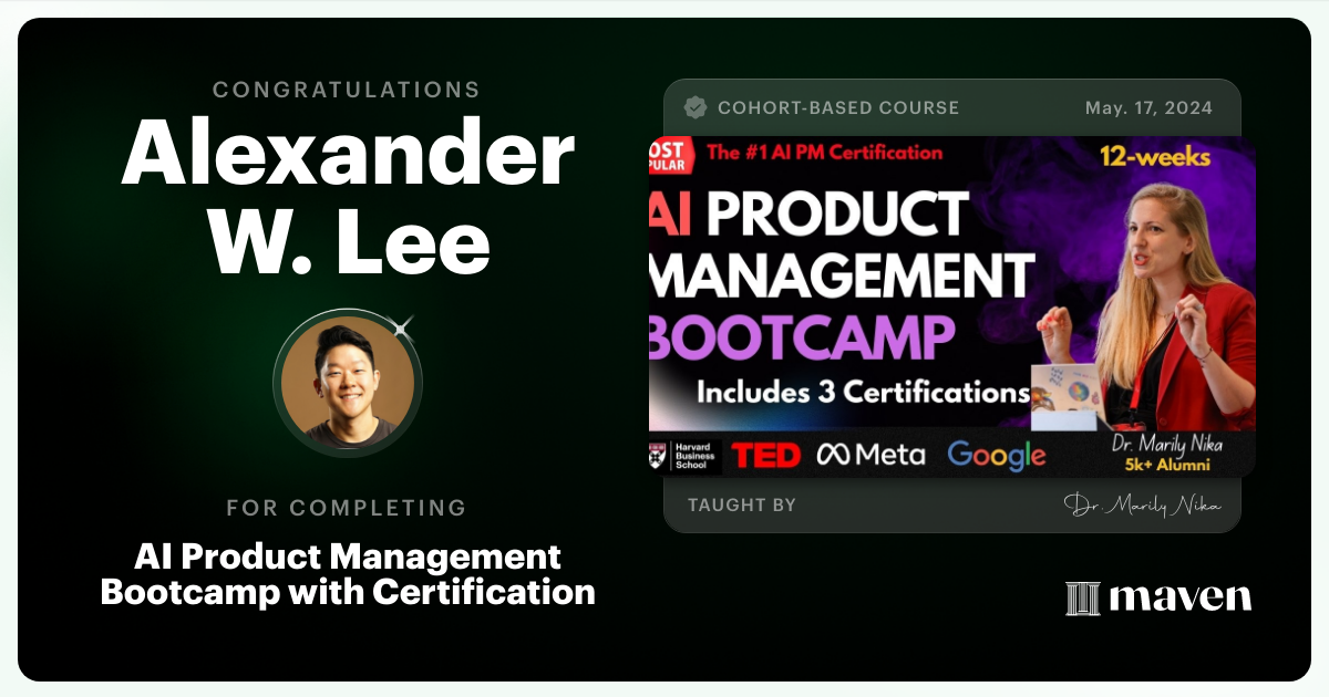 Certificate of Completion for AI Product Management Bootcamp & Certification by AI Product Academy