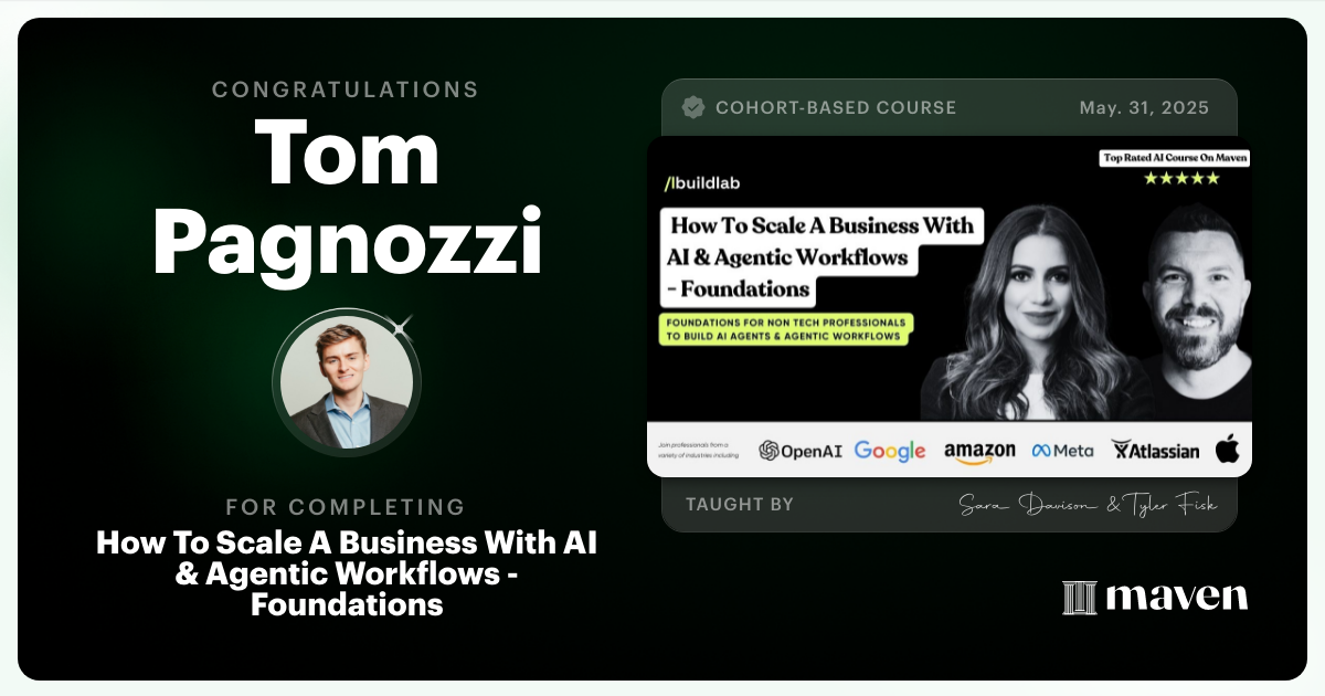 Certificate of Completion for How To Scale A Business With AI & Agentic Workflows - Foundations