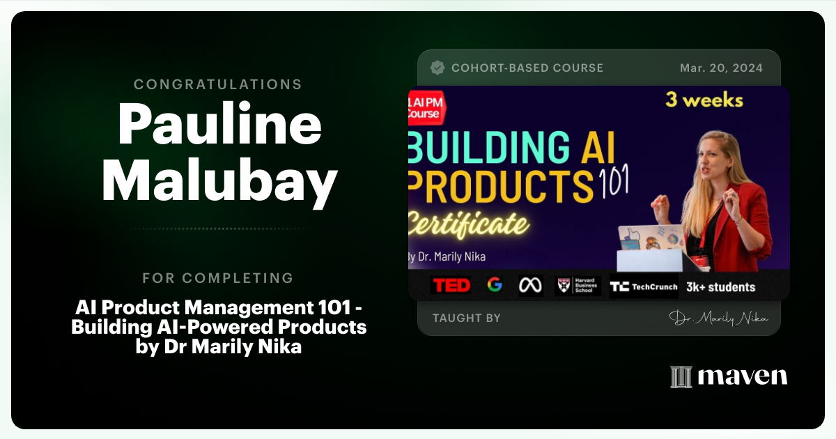 Certificate of Completion for AI Product Management 101 & Certification - Building AI Products end-to-end