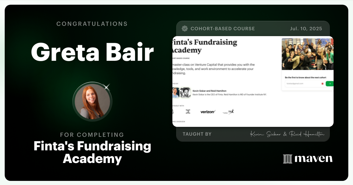 Certificate of Completion for Finta's Fundraising Academy