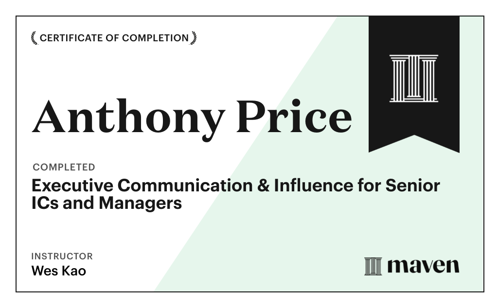 Certificate for Executive Communication & Influence for Senior ICs and Managers