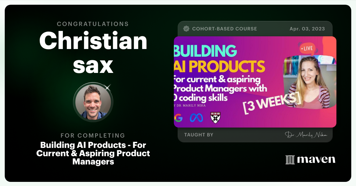 Certificate of Completion for AI Product Management 101 & Certification - Building AI Products end-to-end