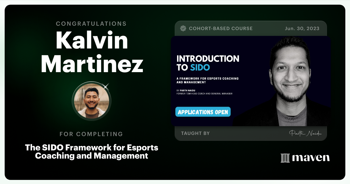 Certificate of Completion for The SIDO Framework for Esports Coaching and Management
