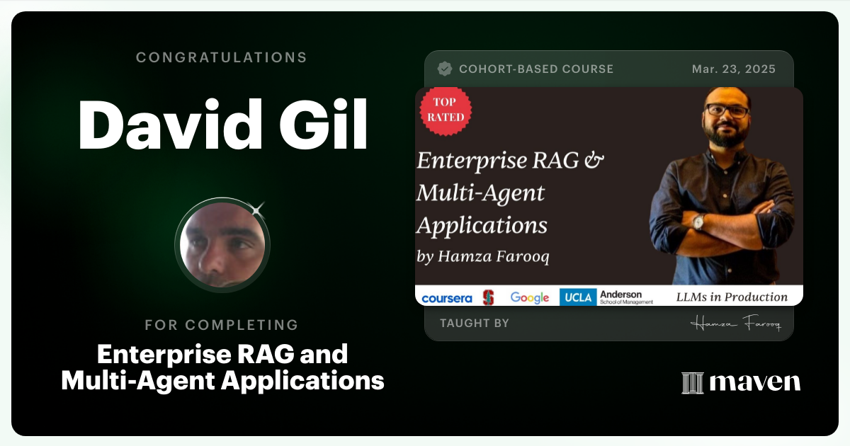 Certificate of Completion for Agent Engineering Bootcamp: Developers Edition