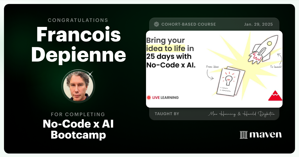 Certificate of Completion for No-Code x AI Bootcamp