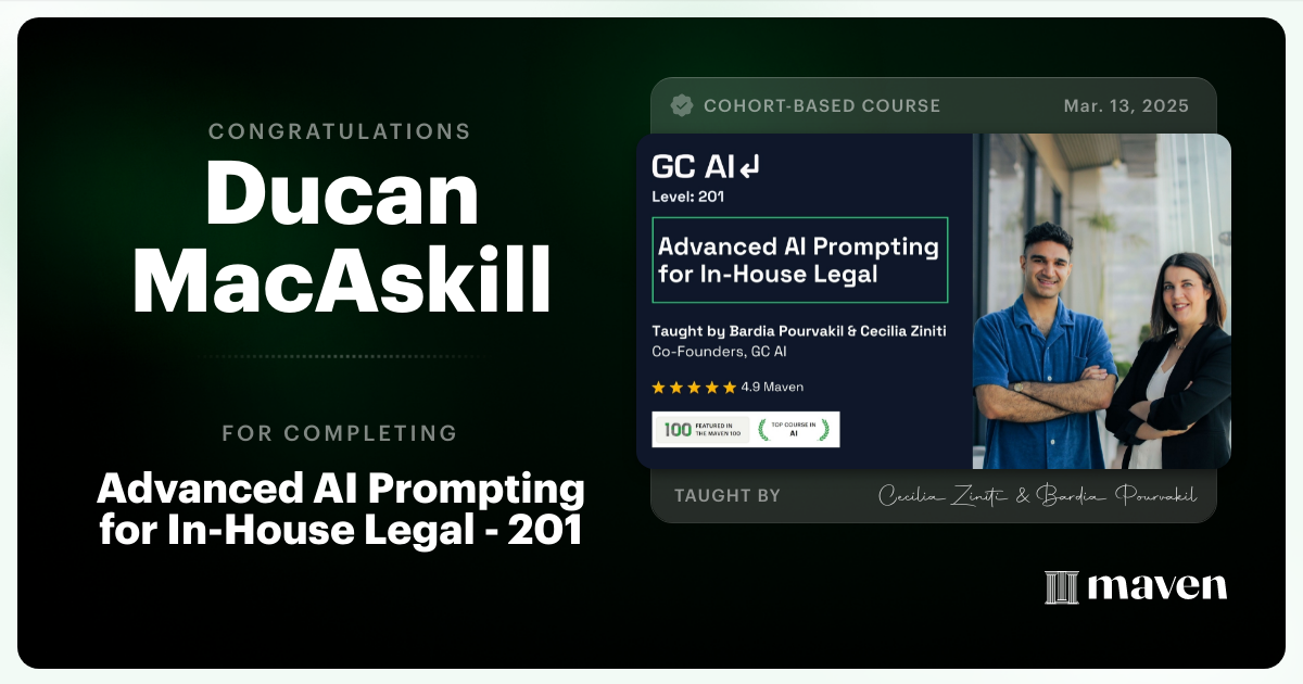 Certificate of Completion for Advanced AI Prompting for In-House Legal - 201