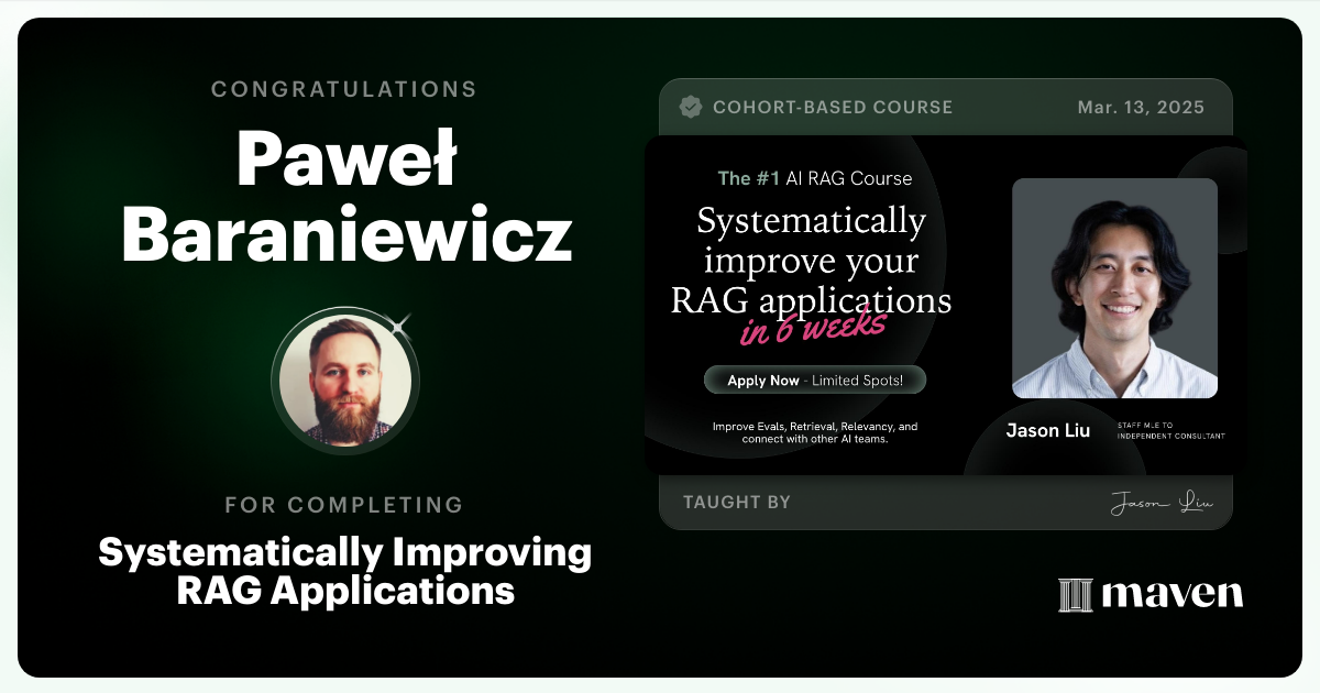 Certificate of Completion for Systematically Improving RAG Applications