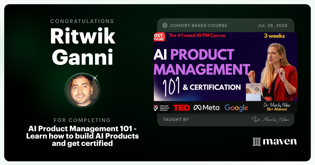 Certificate of Completion for AI Product Management 101 & Certification - Building AI Products end-to-end
