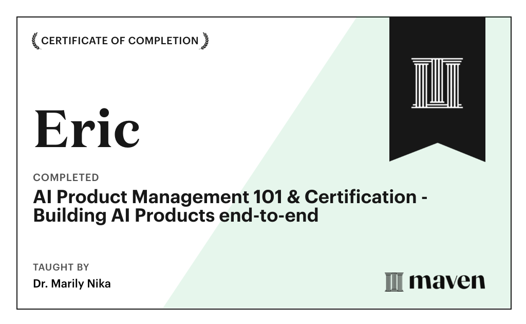 Certificate for AI Product Management 101 & Certification - Building AI Products end-to-end