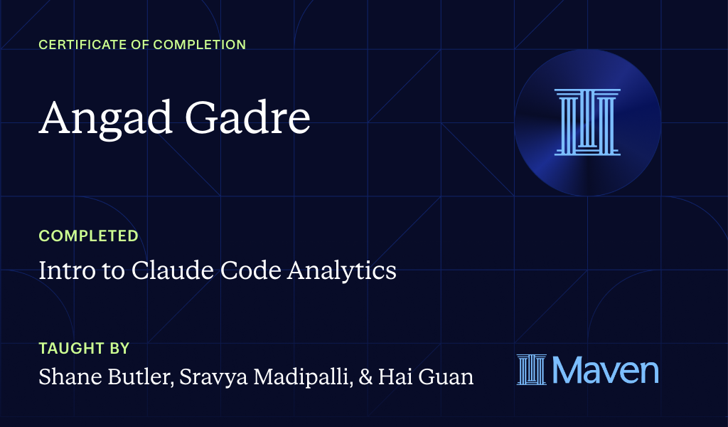 Certificate for Intro to Agentic Analytics in Claude Code