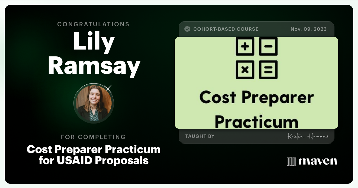 Certificate of Completion for Cost Preparer Practicum for USAID Proposals