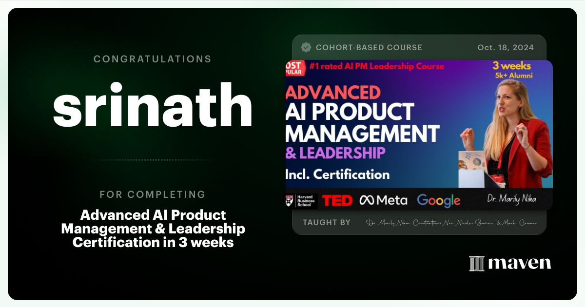 Certificate of Completion for Advanced AI Product Leadership Certification