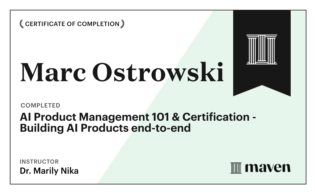 Certificate for AI Product Management 101 & Certification - Building AI Products end-to-end
