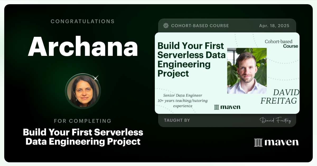 Certificate of Completion for Build Your First Serverless Data Engineering Project